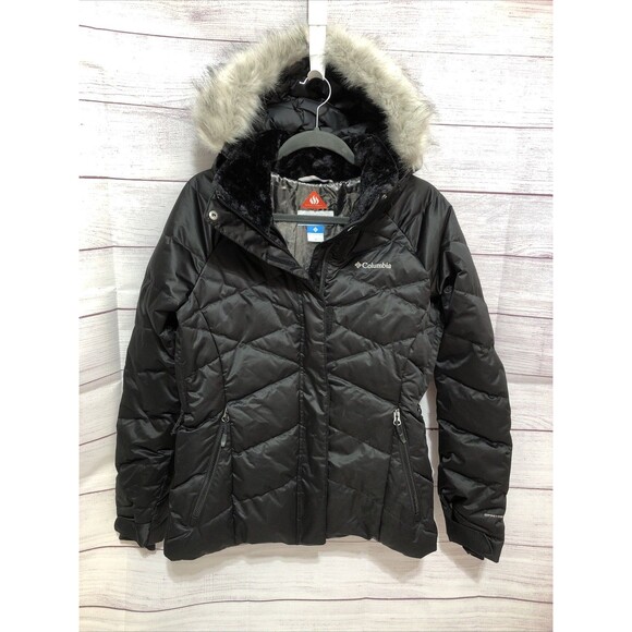 Columbia Women's MEDIUM L ay D Down II Omni Heat Jacket BLACK With Gray Fur EUC - Picture 2 of 16